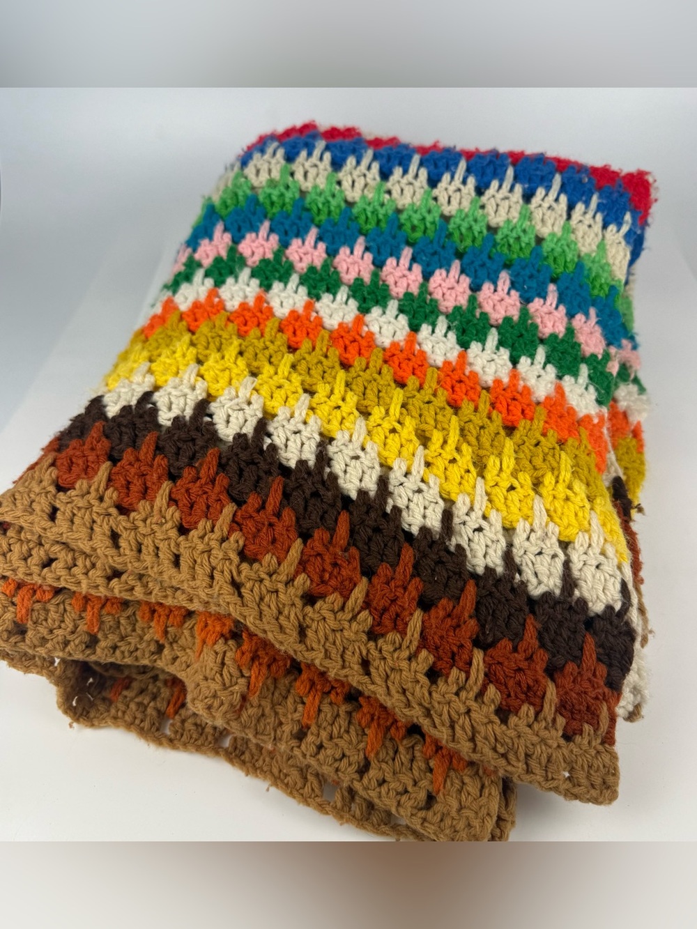 Vintage Afghan Granny Blanket Knitted/Crocheted Throw Multi-Colored 48”x76”